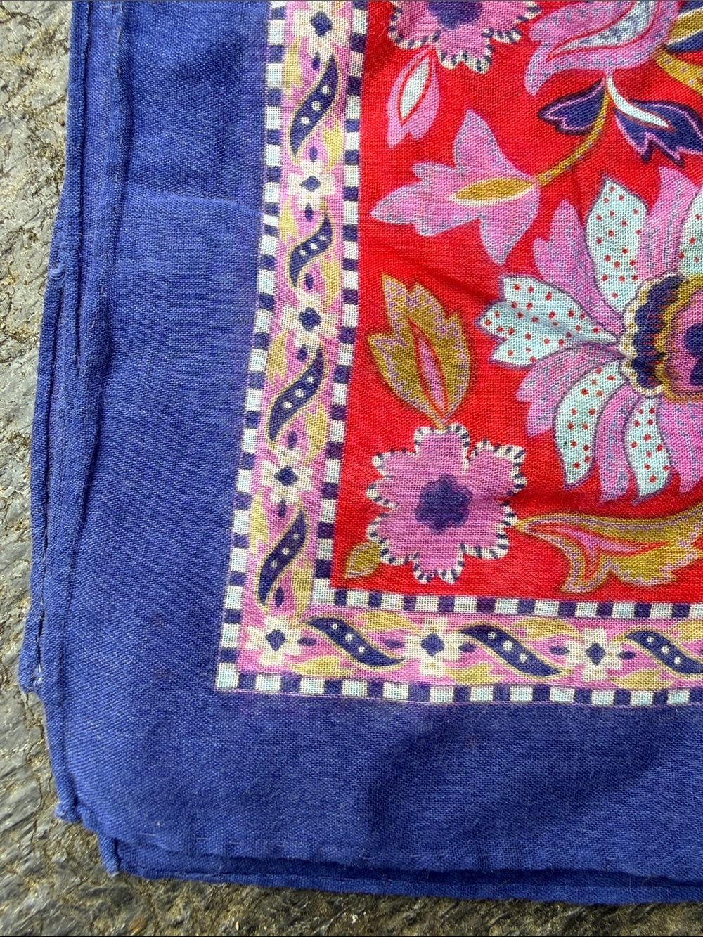 Yves Saint Laurent Red Floral Silk Scarf with Navy Border - Picture 7 of 9